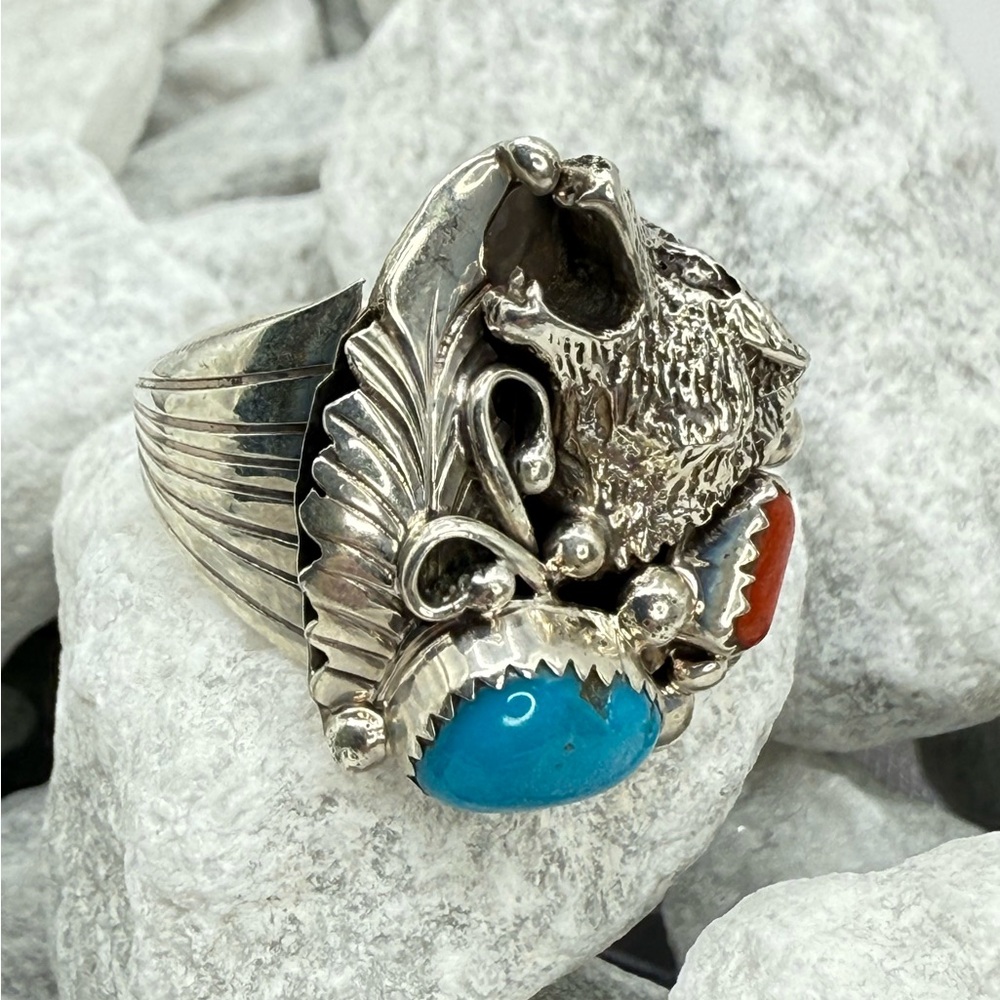 Navajo Sterling Silver Wolf Ring w/ Turquoise & Coral—Genevieve Francisco — 10.5 - Picture 7 of 8